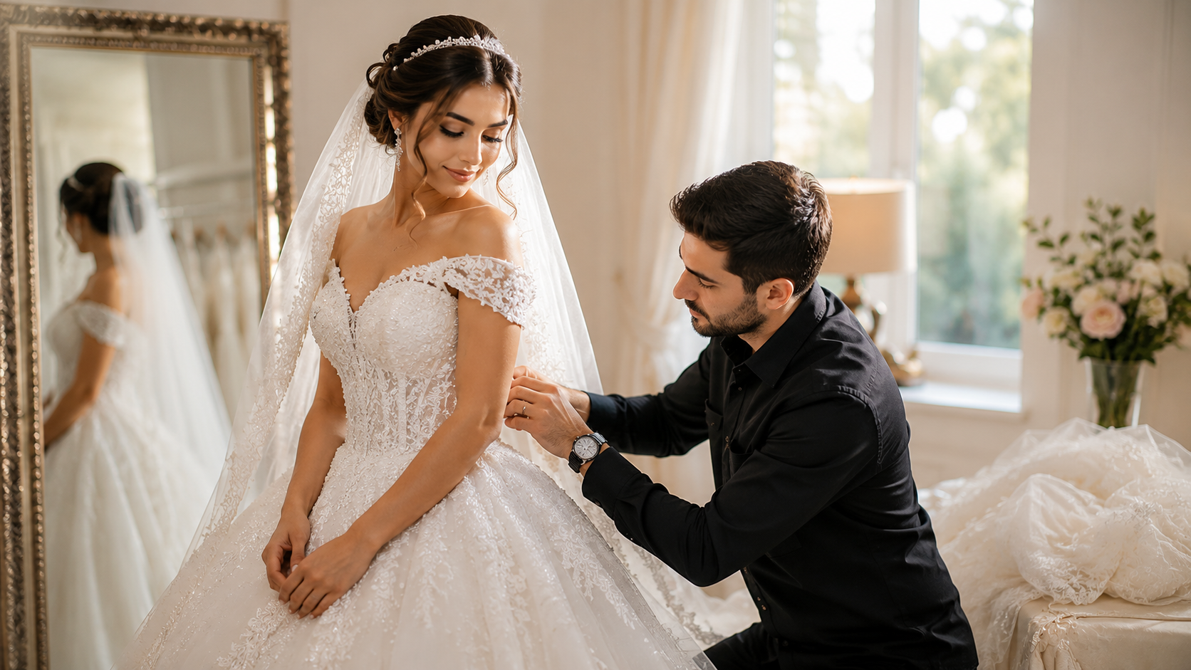 لحظة مؤثرة قبل الزفاف تخطف الأنظار.. فيديو عروس وتجهيز الفستان يحقق تفاعلاً واسعاً